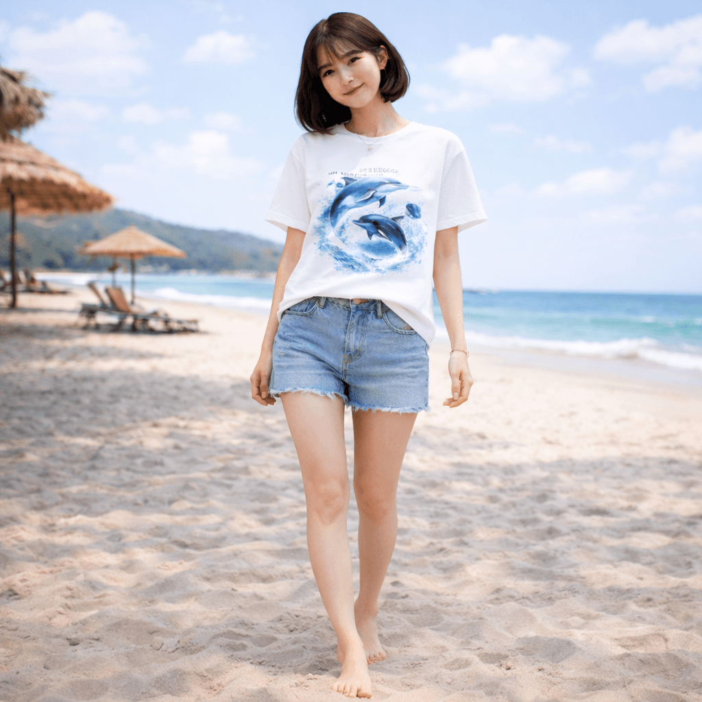 xodud1202 여성 돌고래 프린트 반팔 티셔츠 (화이트)